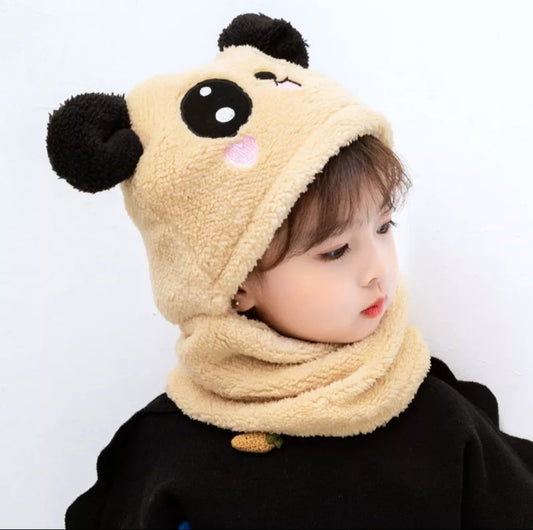 Kids Winter Panda Wool Cap With Neck Warmer – Warm And Cozy Cartoon Panda Design Baby Cap For Winter Protection