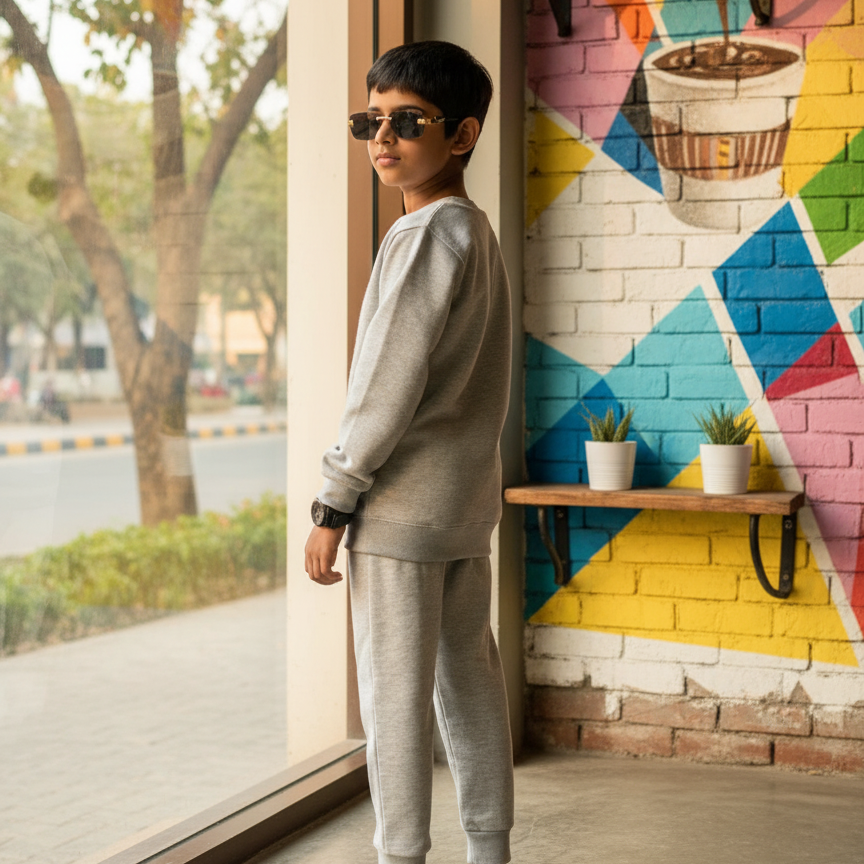 Grey Printed Fleece Winter Kids Tracksuit