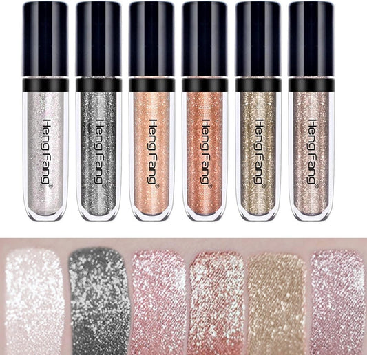 HENG FANG 6 Pcs Liquid Diamond Glitter Eyeshadows Set – Waterproof, Long-Lasting, Vibrant Colors with Lightweight Texture for Bold & Sparkling Eye Makeup