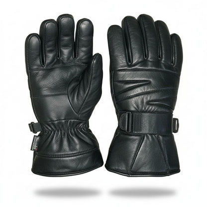 Men’s Genuine Sheep Leather Winter Gloves – Black Motorcycle Riding Gloves with Warm Lining