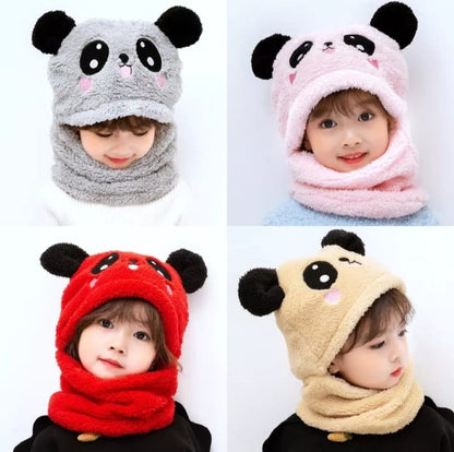 Kids Winter Panda Wool Cap With Neck Warmer – Warm And Cozy Cartoon Panda Design Baby Cap For Winter Protection