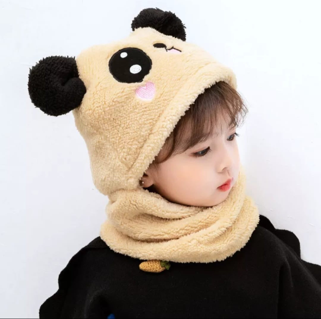 Kids Winter Panda Wool Cap With Neck Warmer – Warm And Cozy Cartoon Panda Design Baby Cap For Winter Protection