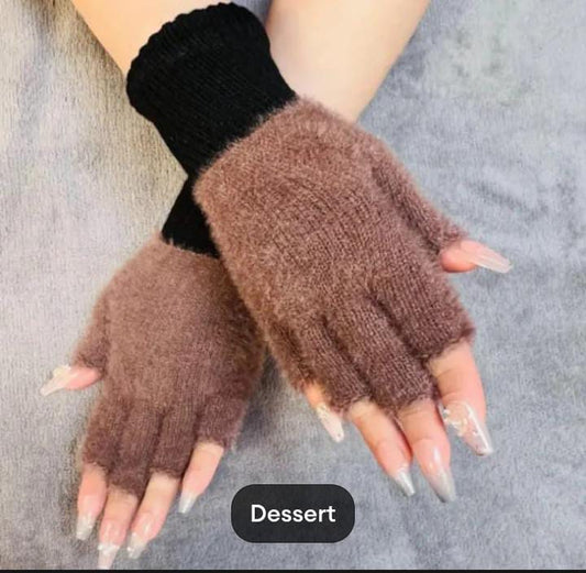 Girls Soft Plush Half Finger Gloves | Warm Fuzzy Fingerless Winter Gloves