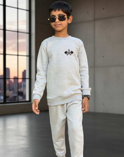 Grey Printed Fleece Winter Kids Tracksuit