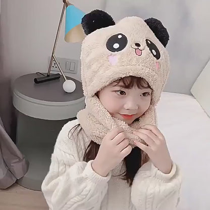 Kids Winter Panda Wool Cap With Neck Warmer – Warm And Cozy Cartoon Panda Design Baby Cap For Winter Protection